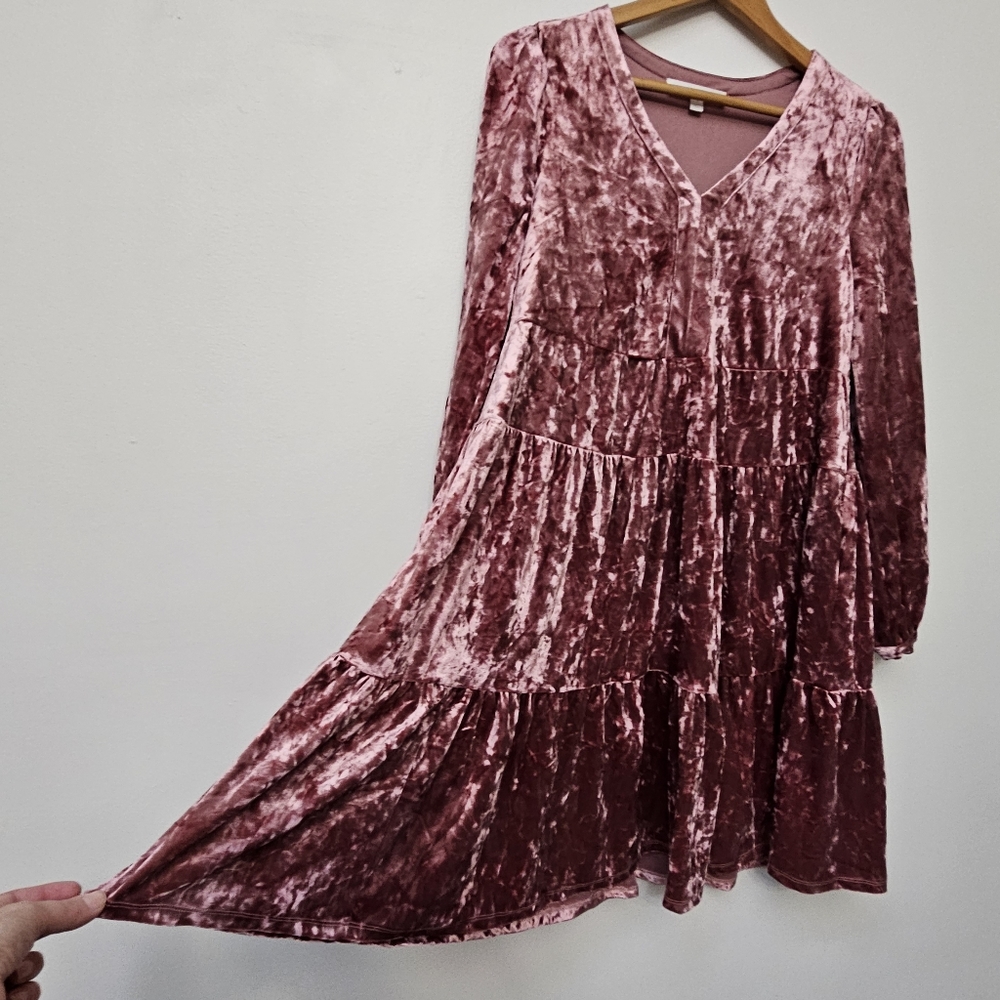 Adyson Parker Crushed Velvet Long Sleeve Tiered Pink Swing Babydoll Dess
